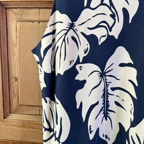 Hilo Hattie Women's Medium Navy Blue White Silk Hawaiian Dress Leaf Print‎ Tank - Picture 5 of 11